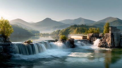 Fototapeta premium Serene Waterfall Landscape Surrounded by Majestic Mountains at Dawn