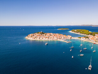 Small european coastal city of Primosten in Croatia, Drone Photo
