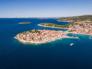 Small european coastal city of Primosten in Croatia, Drone Photo