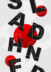 Abstract typography poster design and red circle. Black alphabet flying. Bold and line character