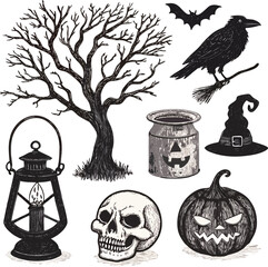 Halloween night set of 8 designs, candle lantern, pumpkin, skeleton face, witch’s broom, cauldron, black crow, ghost, eerie tree, black fill silhouettes, isolated on white.