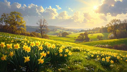 Vivid Meadow Filled with Yellow Daffodils under Bright Sunlight and Cloudy Blue Sky in Springtime with Rolling Hills in Background