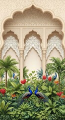 Exotic Indian Palace Garden with Peacocks Lush Tropical Foliage and Elegant Architecture