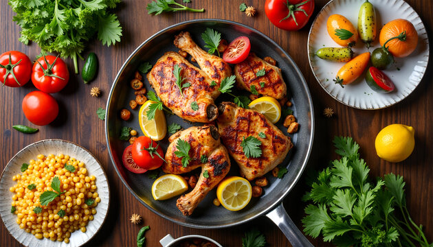 Grilled chicken garnished with herbs and lemon