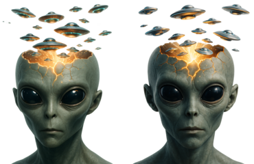 set of aliens on a transparent background. Alien with open head and UFO fleet. Sci-fi. Space.