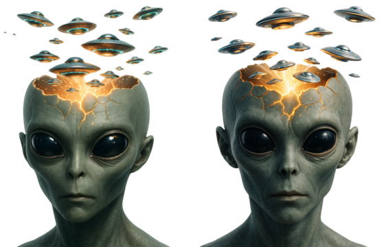set of aliens on a transparent background. Alien with open head and UFO fleet. Sci-fi. Space. - Powered by Adobe