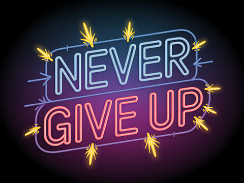 Bright neon sign glowing with the motivational phrase never give up against a dark textured background