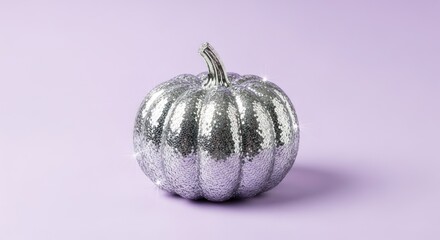 Sequined silver pumpkin on a light purple background for fall decoration