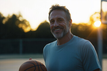 AI. Smiling mature man with basketball ball