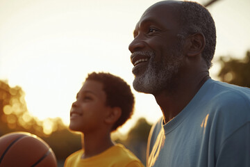 AI. Dad and son together exercising with basketball ball