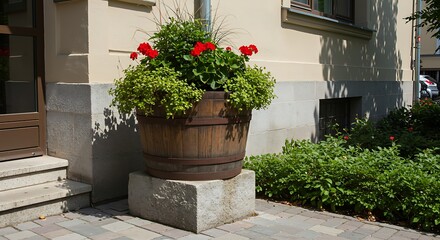 Wooden barrel planter with red flowers