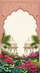 Indian Mughal Archway Frame with Lush Tropical Garden and Domes Background