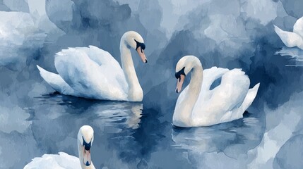 Obraz premium Serene Watercolor Swans: Elegant, Peaceful, Blue-toned Wildlife Painting.
