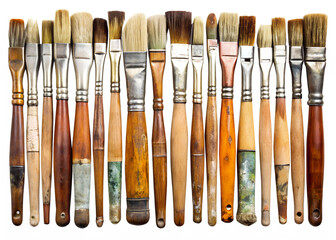 Collection of assorted paint brushes isolated on transparent background, close up view