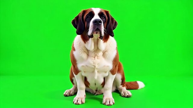 Gentle Saint Bernard dog patiently waiting on vibrant green screen, ready for digital compositing and pet product promotions that captivate audiences