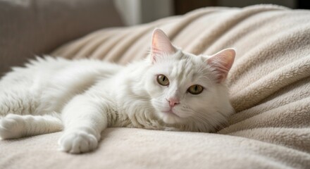 White cat resting on a beige couch