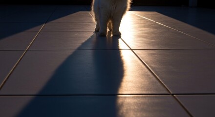 White cat silhouette, sunbeams, tiled floor
