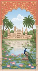 Indian Palace Garden with Peacock Pond Lotus Flowers Mughal Architecture Tranquil Scene Illustration