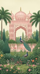 Indian Palace Garden with Peacocks Illustration Exotic Floral Landscape Design Vector Art