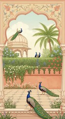 Indian Palace Garden with Peacocks Lush Vegetation and Elegant Architecture Illustration