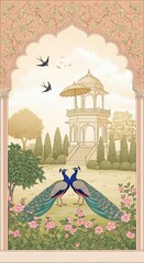 Indian Palace Garden with Peacocks Pavilion and Birds  Elegant Decorative Illustration