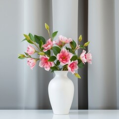Elegant pink azalea blooms in a white vase create a soft, serene, and modern atmosphere in your space