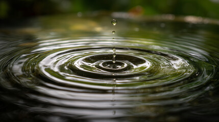 A close-up of a single droplet of water creating ripples in a pond