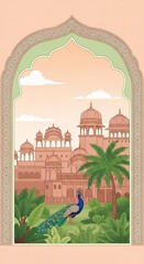 Indian Palace Landscape with Peacock Through Decorative Archway Illustration Vector Design