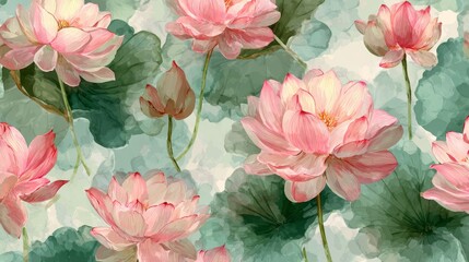 Serene Watercolor Lotus Blossom Seamless Pattern: Soft Pink, Green, and Teal Hues.