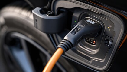 Fototapeta premium Electric vehicle charging process, showcasing a technician plugging in a cable at a slightly high angle, emphasizing modern technology and efficient energy solutions