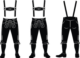 Lederhosen vector illustration, traditional Bavarian outfit, German costume front back side views, Oktoberfest clothing, folk dress design elements