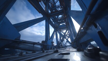 Fototapeta premium Industrial structure featuring a blue steel framework, showcasing intricate details and perspective from below, emphasizing engineering and construction elements with copy space