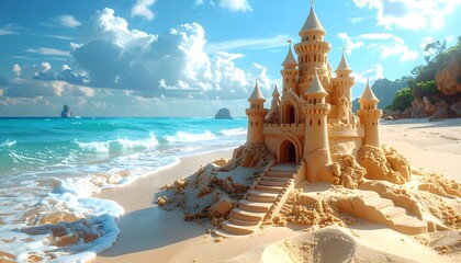 A magnificent sandcastle sits on a sandy beach beside turquoise water, with a bright sky above and islands in the distance