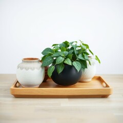 Elevate your space with this vibrant green plant and elegant vase arrangement on a stylish wooden tray