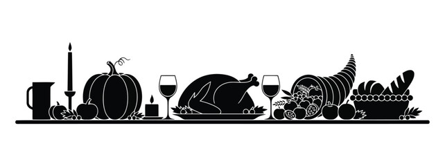 Vector art of silhouette of a thanksgiving feast table with turkey, pumpkin, and cornucopia