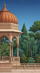Indian Pavilion in Lush Garden with Blue Bird Under Starry Night Sky Illustration