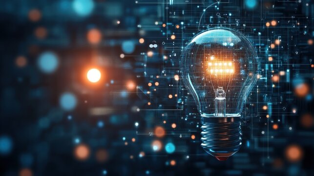 Illuminated lightbulb, futuristic background, technology, innovation