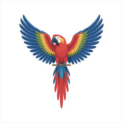 Vibrant scarlet macaw parrot with wings spread wide in flight