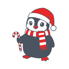 Cute christmas penguin wearing santa hat holding candy cane festive winter holiday character
