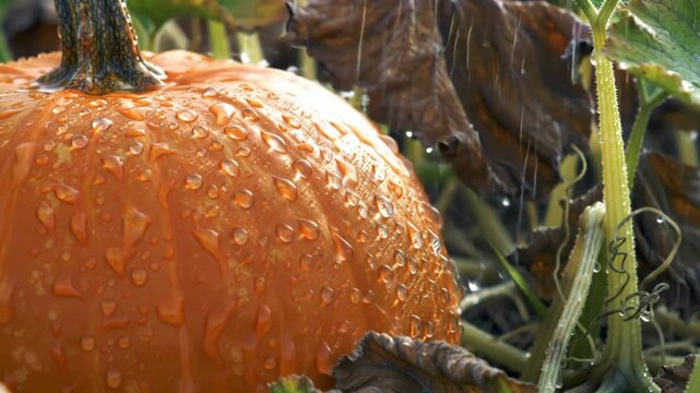 A close-up shot of a wet pumpkin covered in water droplets, surrounded by green vines and brown leaves.