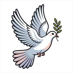 White dove with olive branch flying gracefully against a white background symbolizing peace