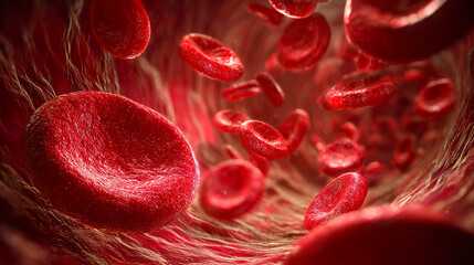 Fototapeta premium Close-up view of erythrocytes flowing through the circulatory system. Detailed scientific visualization of anatomy, biology and health processes. Perfect for use in medical articles, educational mater