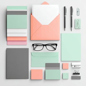 Pastel stationery set on a white background.  Flat lay of envelopes, notebooks, pens, and glasses