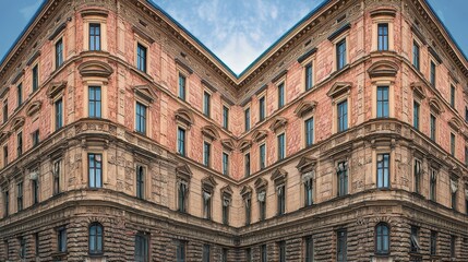 Fototapeta premium Architectural detail of a corner building facade.