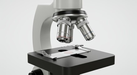 Fototapeta premium High-angle close-up view of a modern scientific microscope, showcasing its precise optical components and a specimen slide on the stage.