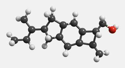 Complex molecular structure displayed in three-dimensional representation, featuring dark gray carbon atoms, white hydrogen atoms, and a single red oxygen atom, set against a plain light gray...