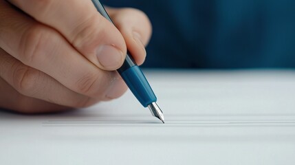Overhead shot of a financial document being signed, focus on the pen tip and signature, commitment
