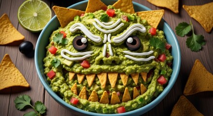 Fototapeta premium Monster guacamole dip with tortilla chips for a fun halloween party snack