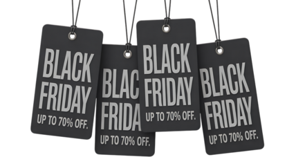 Black friday sale tags with up to 70 percent off discount isolated on transparent background