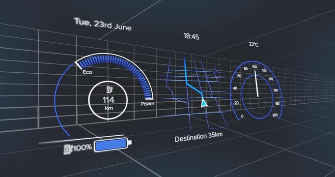 Showing cluster charging battery from 9% to 100% then discharging to 13% with eco gauge adjusting